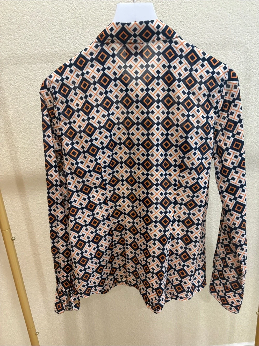 Tory Burch Navy and Orange Geometric Button-Down Shirt